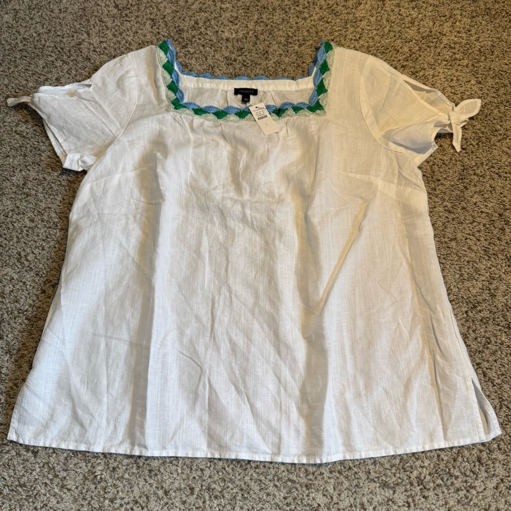 NWT Talbots Linen Blend Embroidered Square Neck Top In White/Blue Size L